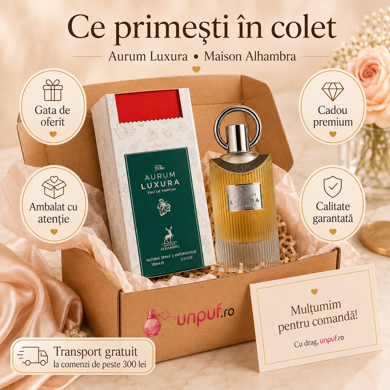 Ce primești în colet Maison Alhambra The Aurum Luxura 100 ml, parfum original și ambalaj premium