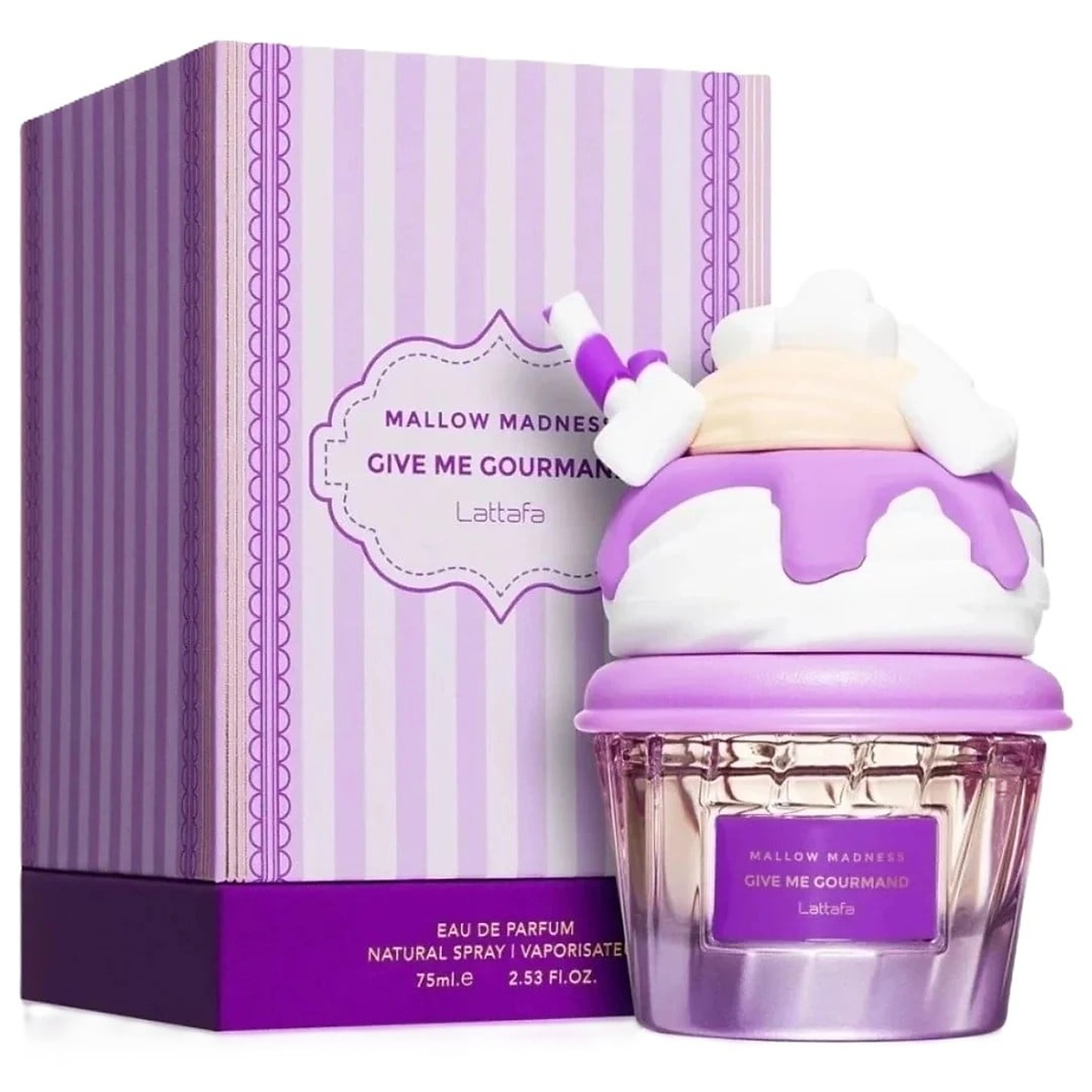 Cutie originală Mallow Madness Lattafa 75 ml și flacon parfum damă floral fructat gurmand