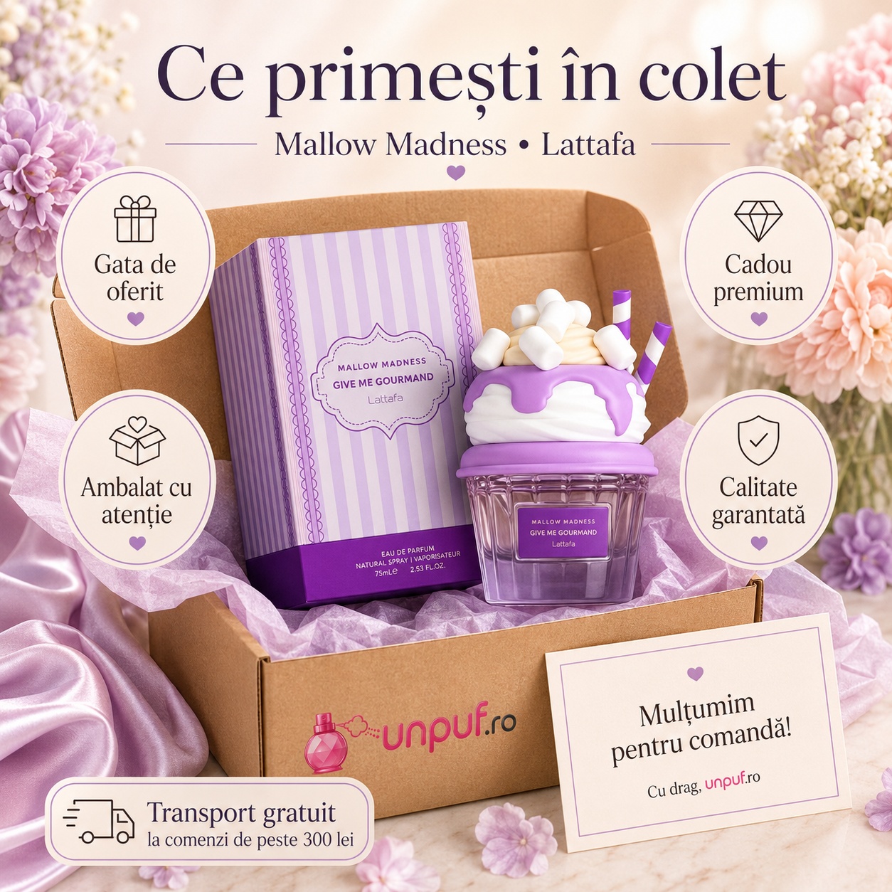 Ce primești &icirc;n colet Mallow Madness Lattafa 75 ml parfum damă ambalat cu atenție cadou premium