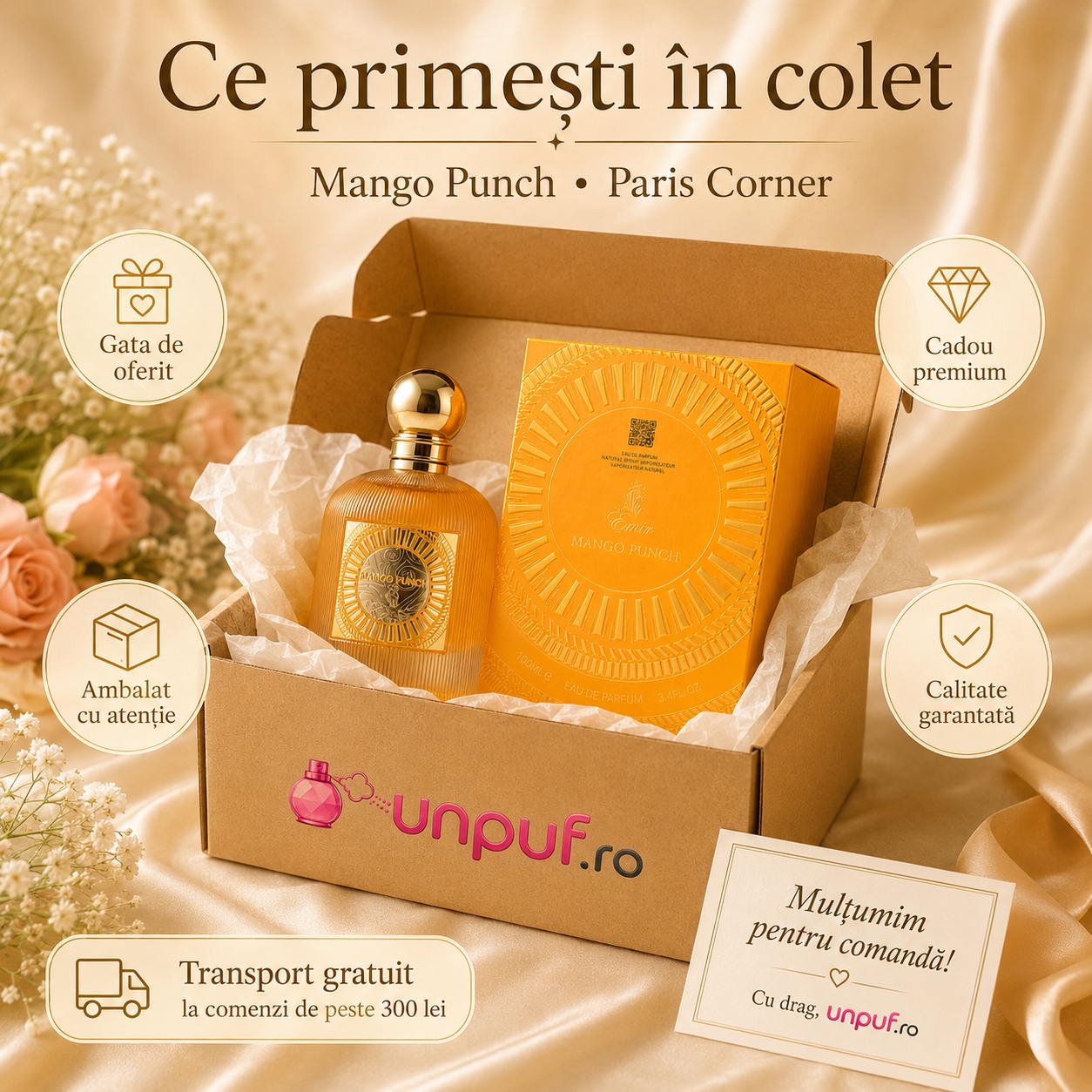 Ce primești &icirc;n colet Parfum Mango Punch Emir 100 ml ambalat cu atenție