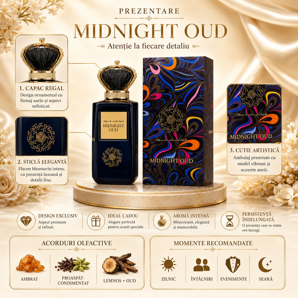 Prezentare parfum Midnight Oud Ard Al Zaafaran cu capac regal, sticlă elegantă, cutie artistică și acorduri olfactive