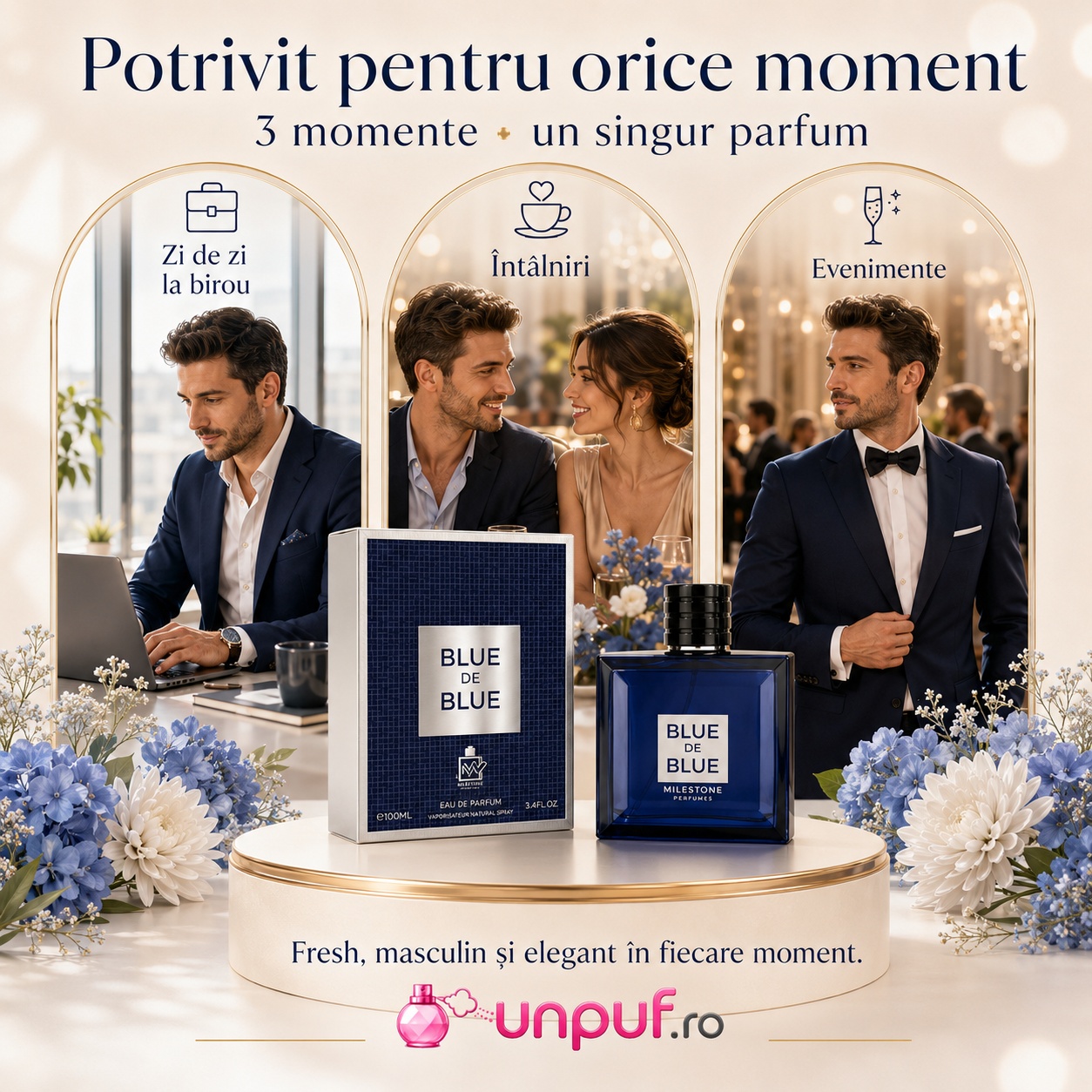 Parfum Milestone Blue De Blue potrivit pentru zi de zi la birou, &icirc;nt&acirc;lniri și evenimente elegante