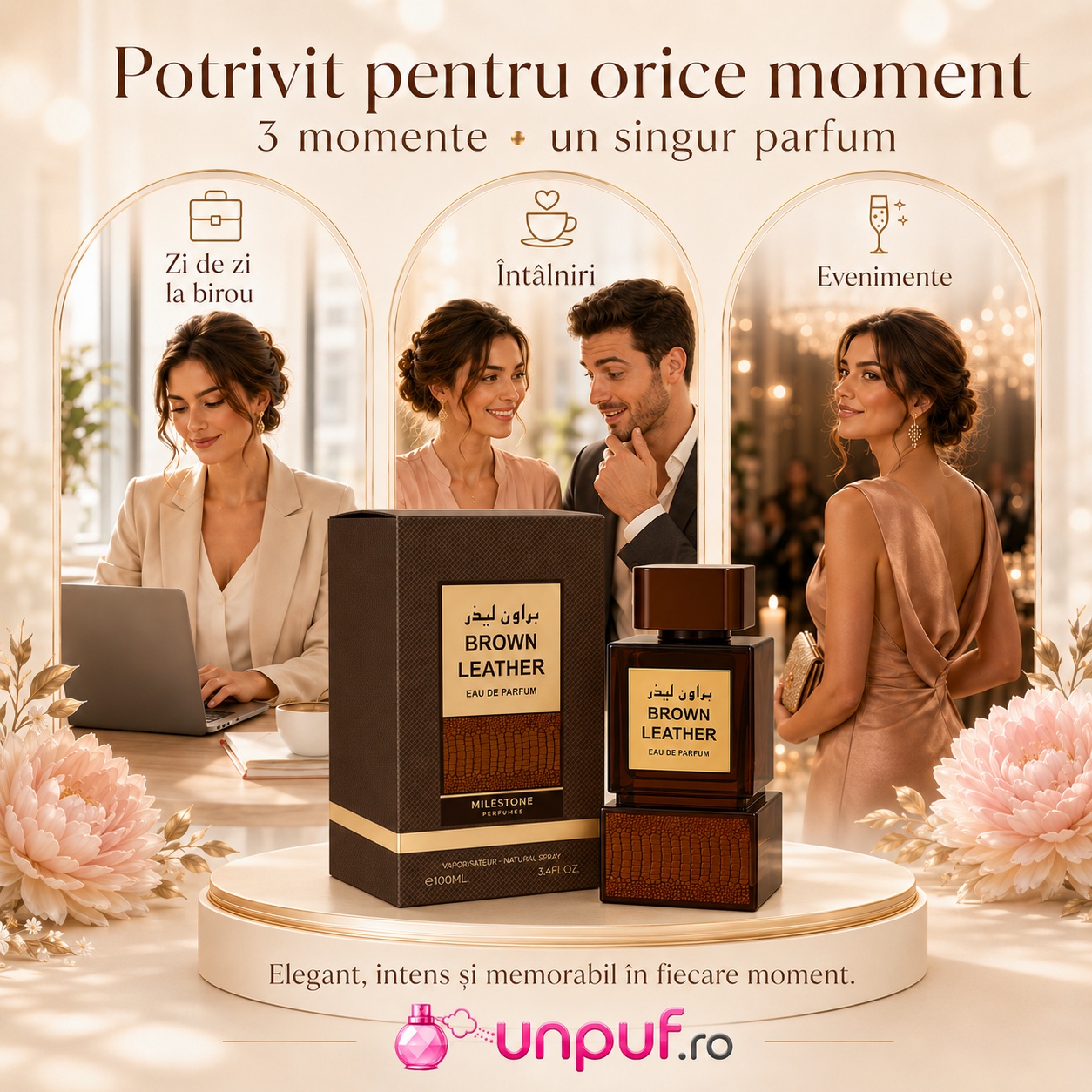 Parfum Milestone Brown Leather potrivit pentru zi de zi la birou &icirc;nt&acirc;lniri și evenimente