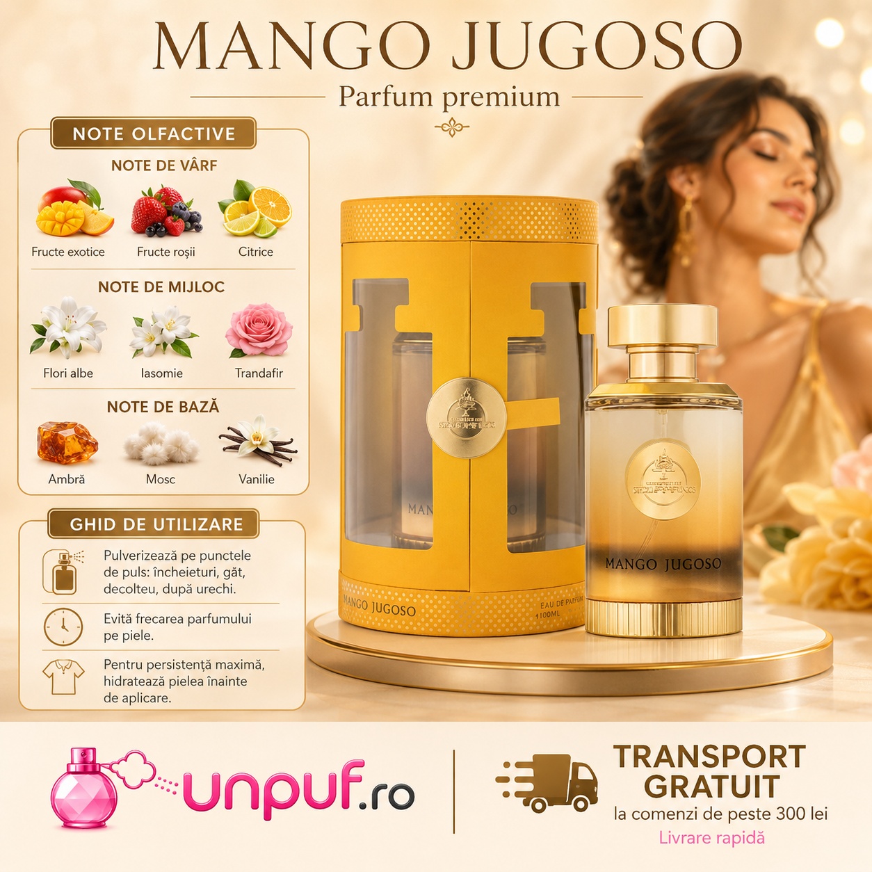Profil olfactiv Mango Jugoso cu fructe exotice, fructe roșii, citrice, flori albe, iasomie, trandafir, ambră, mosc și vanilie