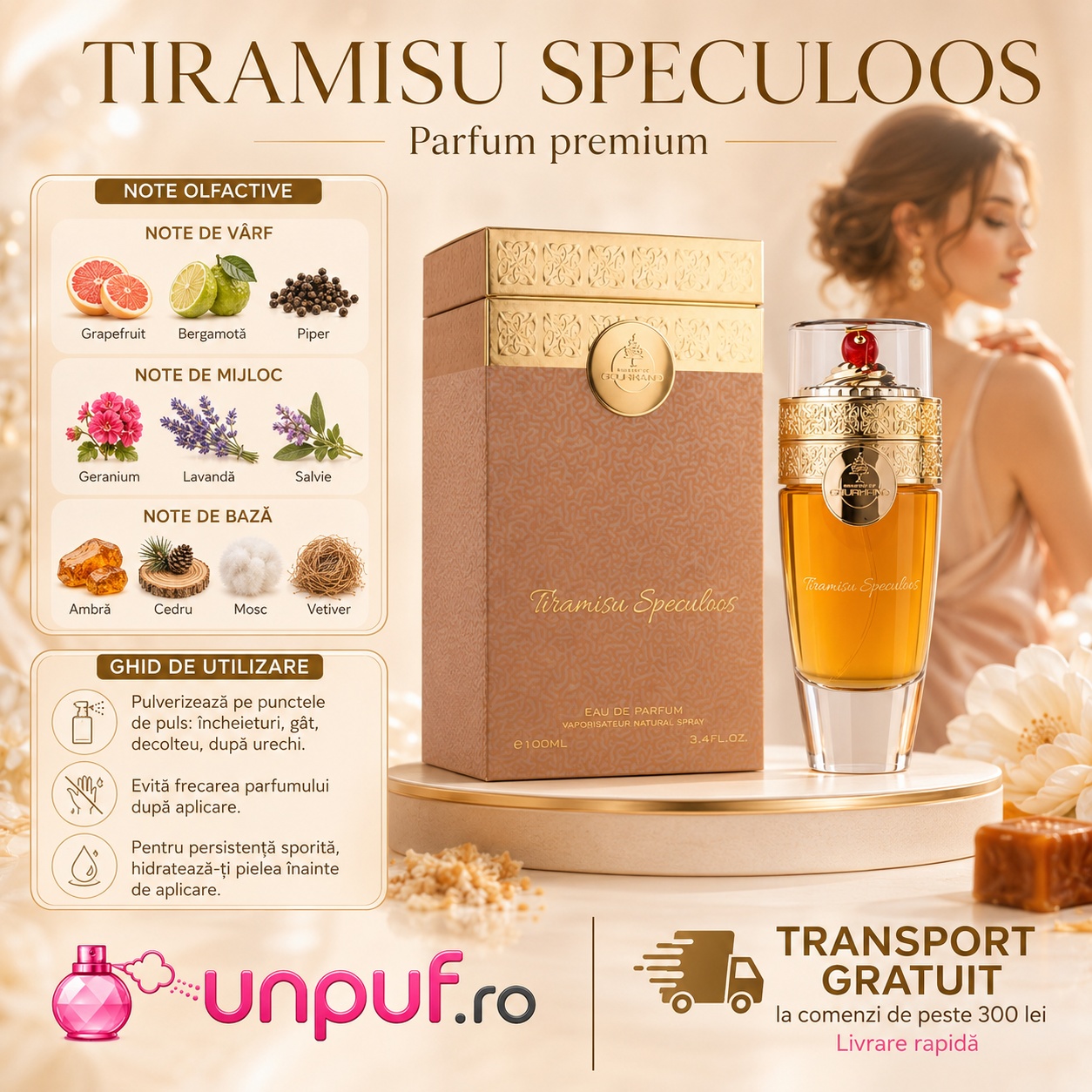 Note olfactive Tiramisu Speculoos cu grapefruit, bergamotă, piper, geranium, lavandă, salvie, ambră, cedru, mosc și vetiver