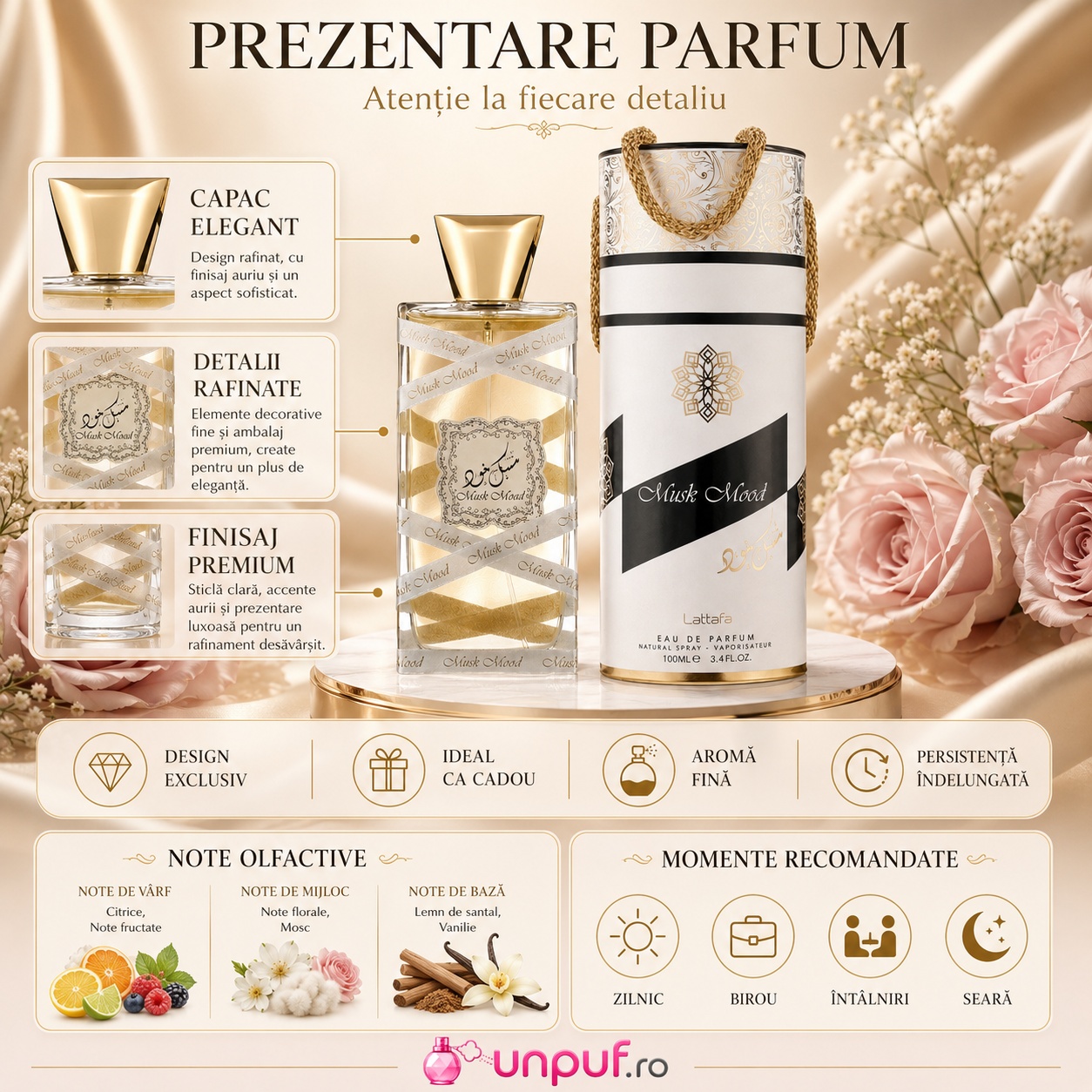 Prezentare parfum Mood Musk Lattafa cu detalii flacon, cutie premium, note olfactive și momente recomandate