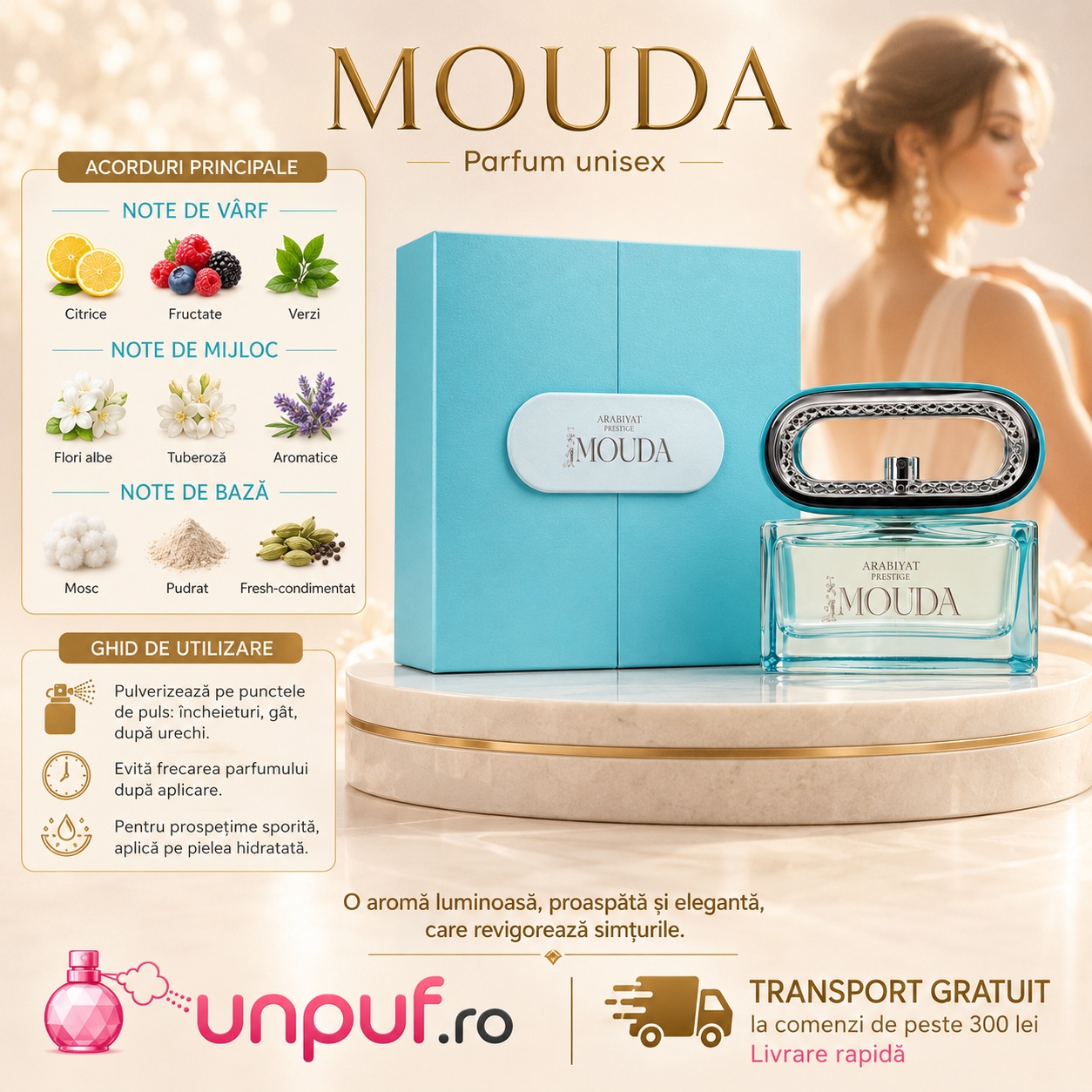 Mouda Arabiyat Prestige acorduri olfactive și ghid de utilizare parfum unisex floral pudrat
