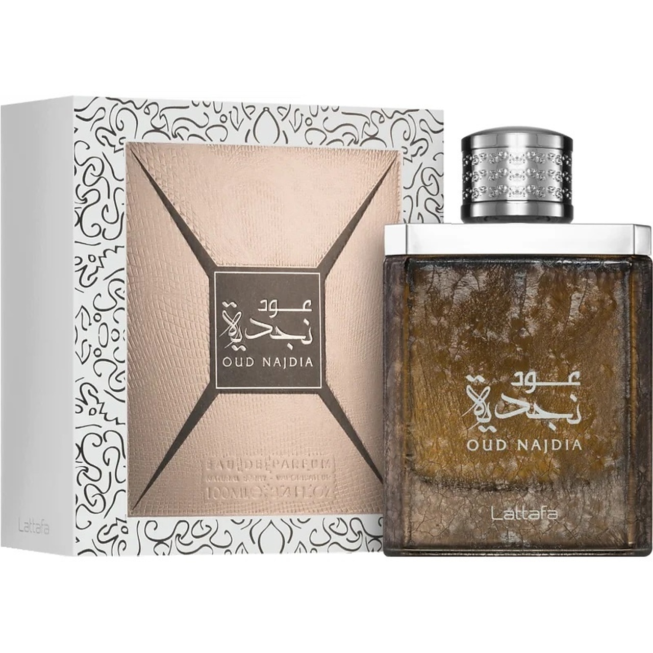 Najdia Oud Lattafa 100 ml sticlă și cutie produs pe fundal alb