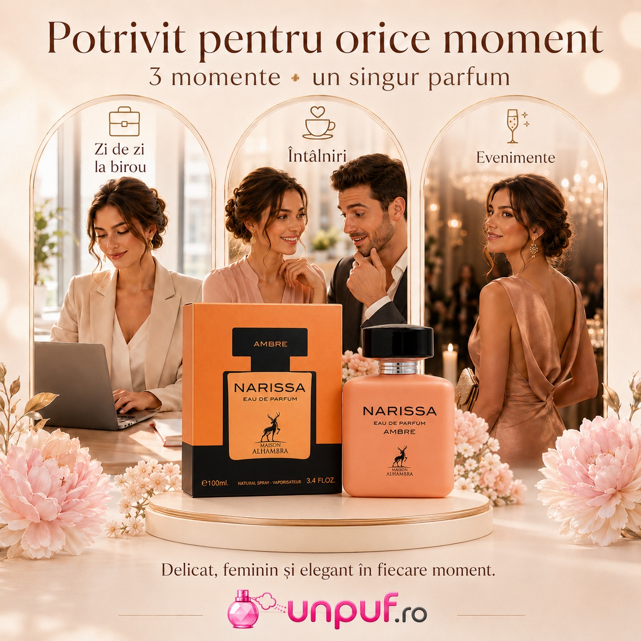 Parfum Narissa Ambre Maison Alhambra potrivit pentru zi de zi la birou, &icirc;nt&acirc;lniri și evenimente elegante