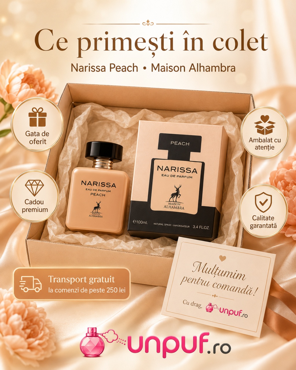 Ce primești &icirc;n colet Narissa Peach Maison Alhambra parfum arabesc de damă ambalat cu atenție de unpuf.ro