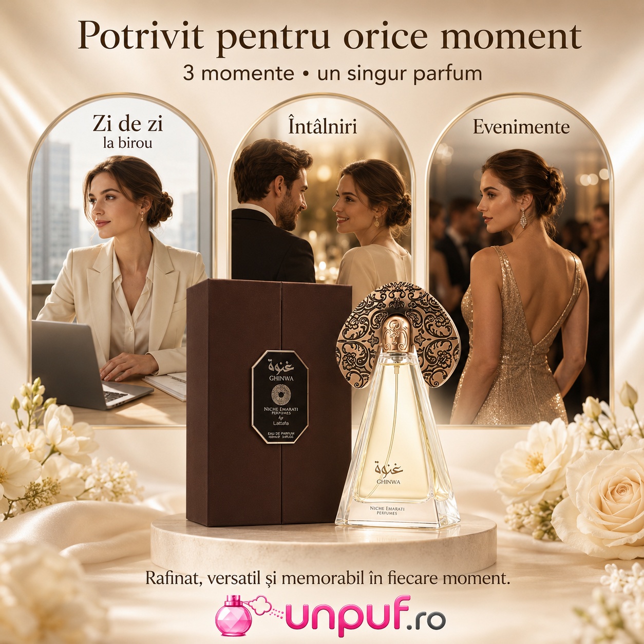 Parfum Niche Emarati Ghinwa potrivit pentru zi de zi la birou, &icirc;nt&acirc;lniri și evenimente elegante