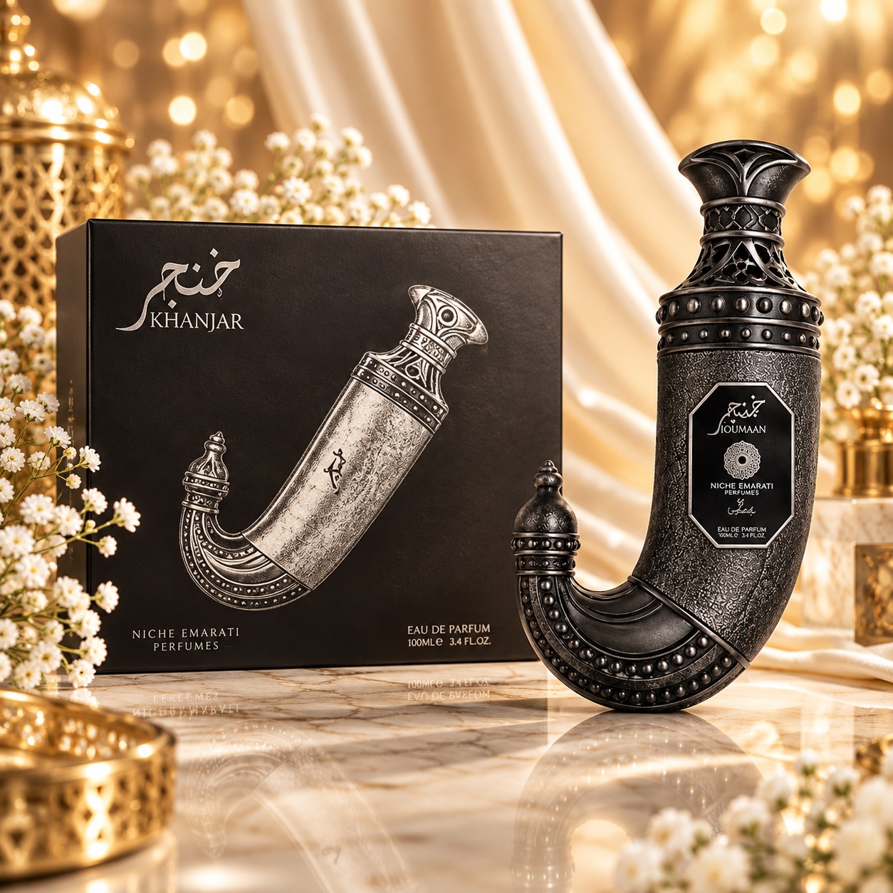 Parfum Niche Emarati Khanjar 100 ml, flacon negru în formă de khanjar și cutie premium cu accente argintii