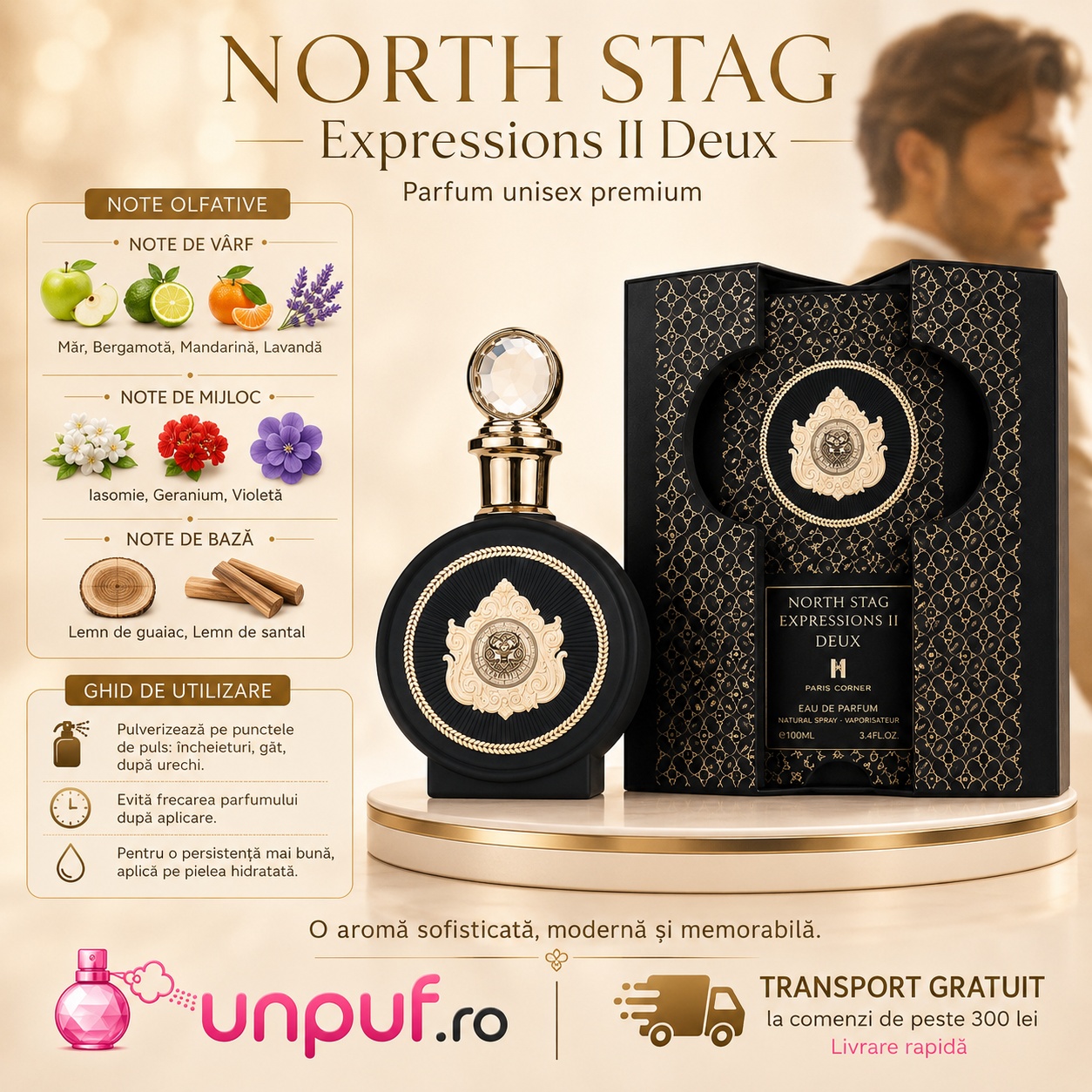 Profil olfactiv North Stag Expressions II Deux cu note de măr, bergamotă, mandarină, lavandă, iasomie, geranium, violetă, lemn de guaiac și lemn de santal
