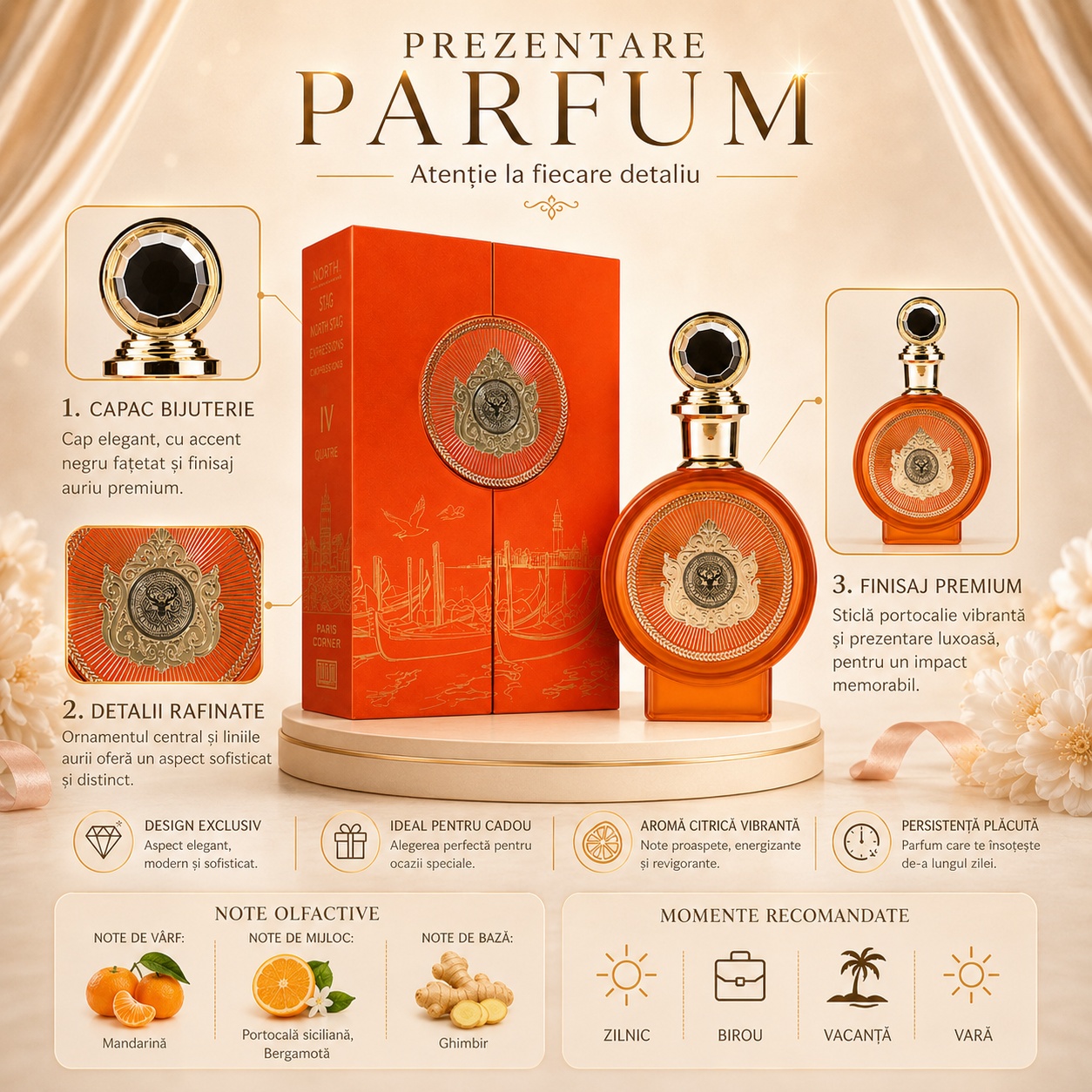 Prezentare parfum North Stag IV Quatre cu note olfactive, design exclusiv, aromă citrică vibrantă și momente recomandate
