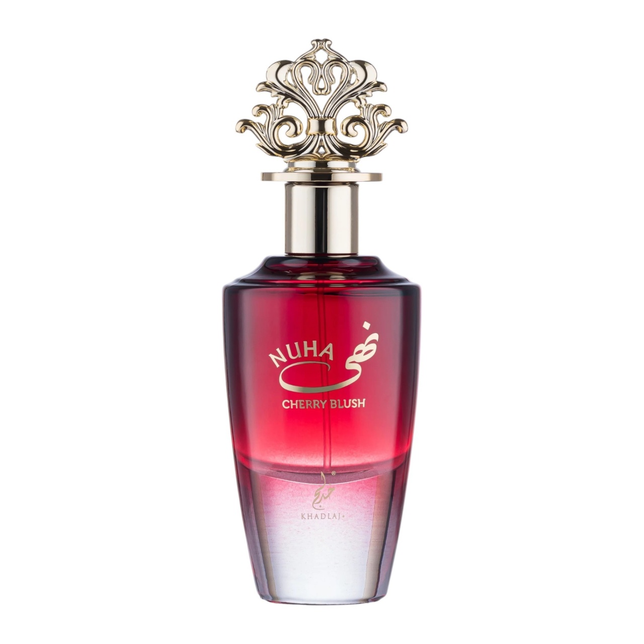 Imagine produs Nuha Cherry Blush 85 ml, flacon roșu cherry cu capac auriu pe fundal alb