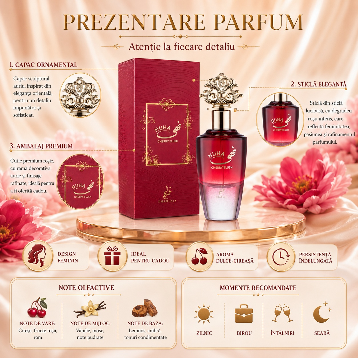 Nuha Cherry Blush parfum arabesc de damă cu cireșe, migdale, flori și vanilie