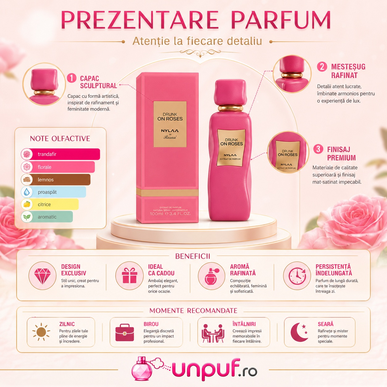 Prezentare parfum Nylaa Drunk On Roses cu flacon, cutie premium, note olfactive și beneficii