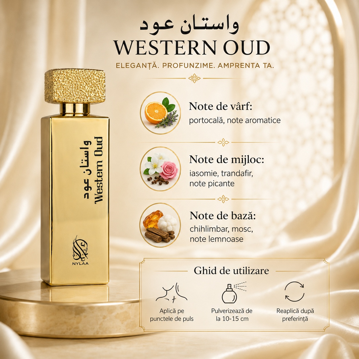 Note olfactive Nylaa Western Oud cu portocală iasomie trandafir note condimentate ambră gri mosc și note lemnoase