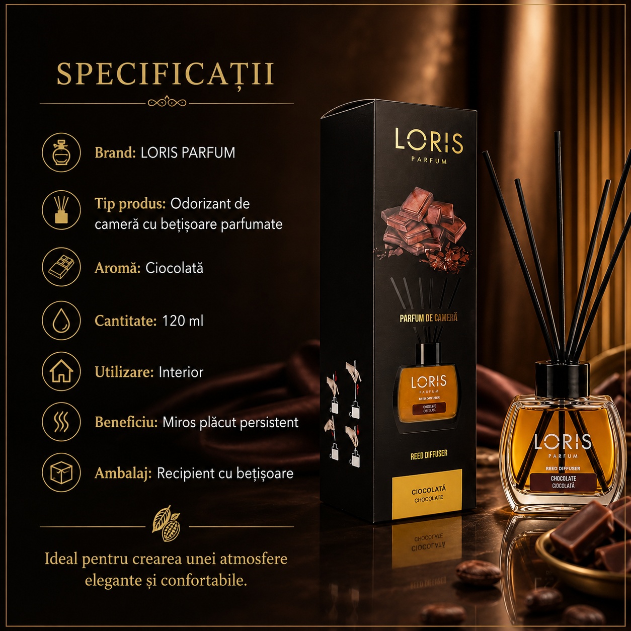 Specificații Loris Parfum odorizant cameră cu bețișoare parfumate ciocolată 120 ml