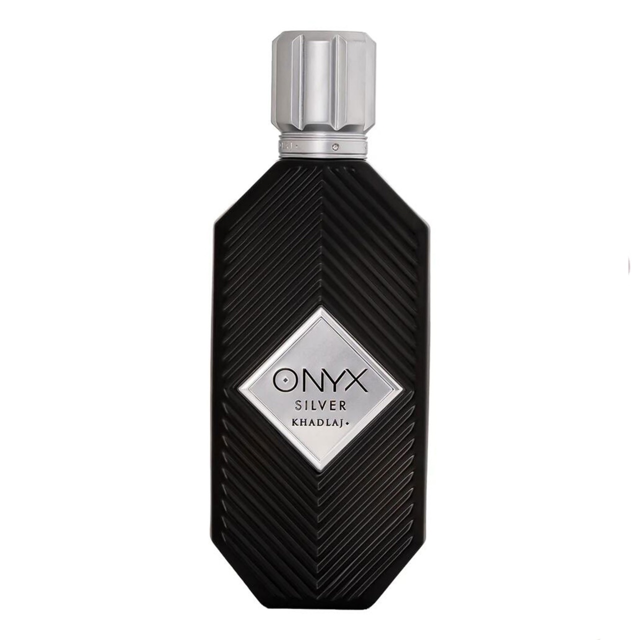 Imagine produs Onyx Silver 100 ml, flacon negru cu capac argintiu pe fundal alb