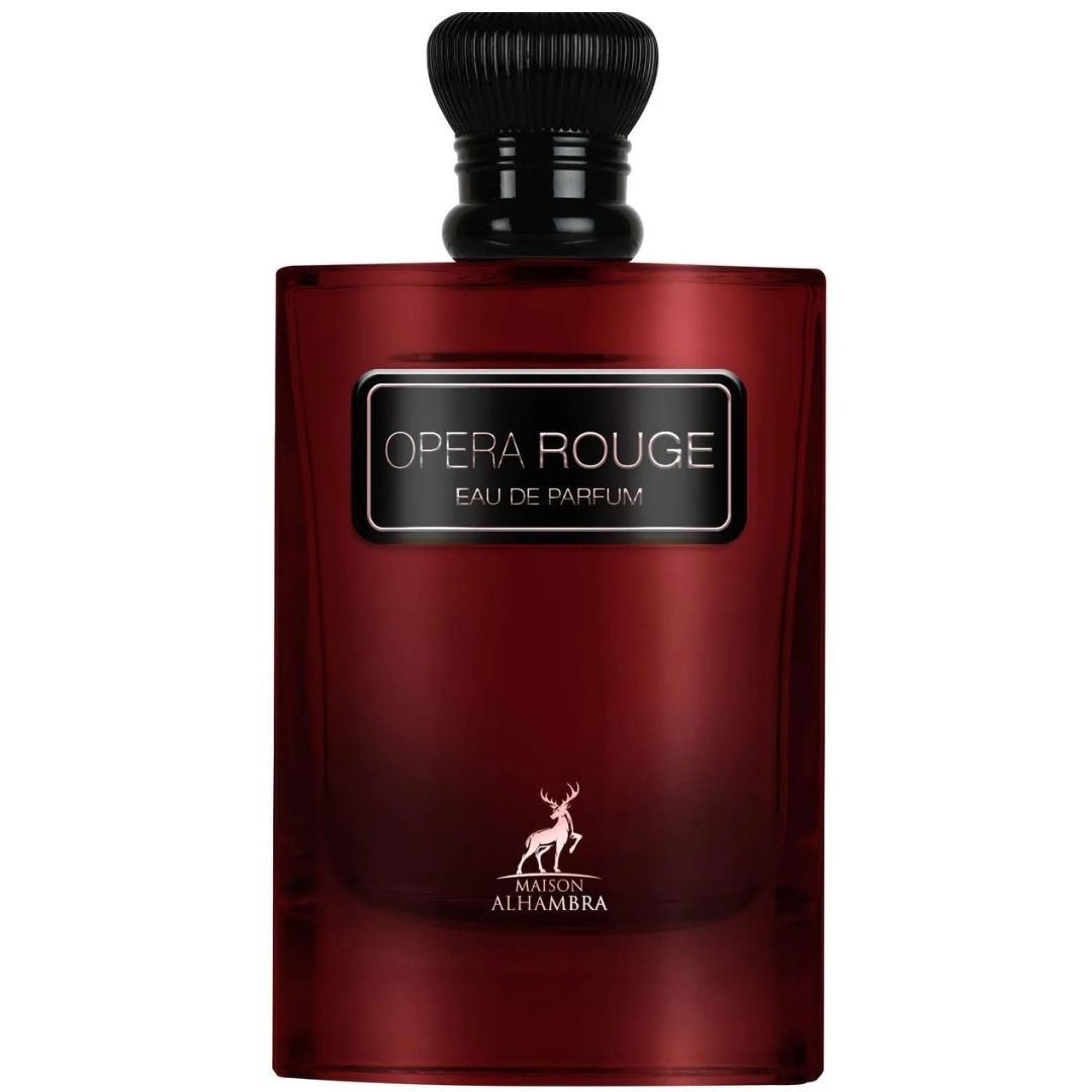 Flacon Opera Rouge Maison Alhambra roșu rubiniu cu capac negru lucios și design feminin premium