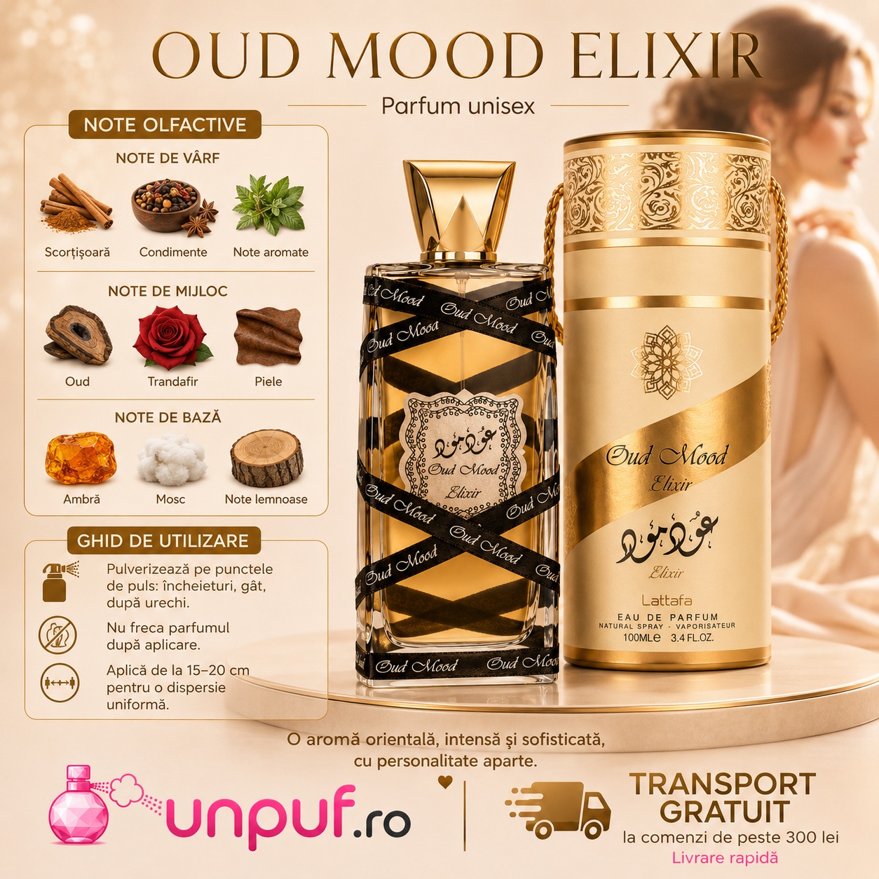 Ghid de utilizare Oud Mood Gold Lattafa parfum cu scorțișoară, condimente, note aromate, oud, trandafir, piele, ambră, mosc și note lemnoase