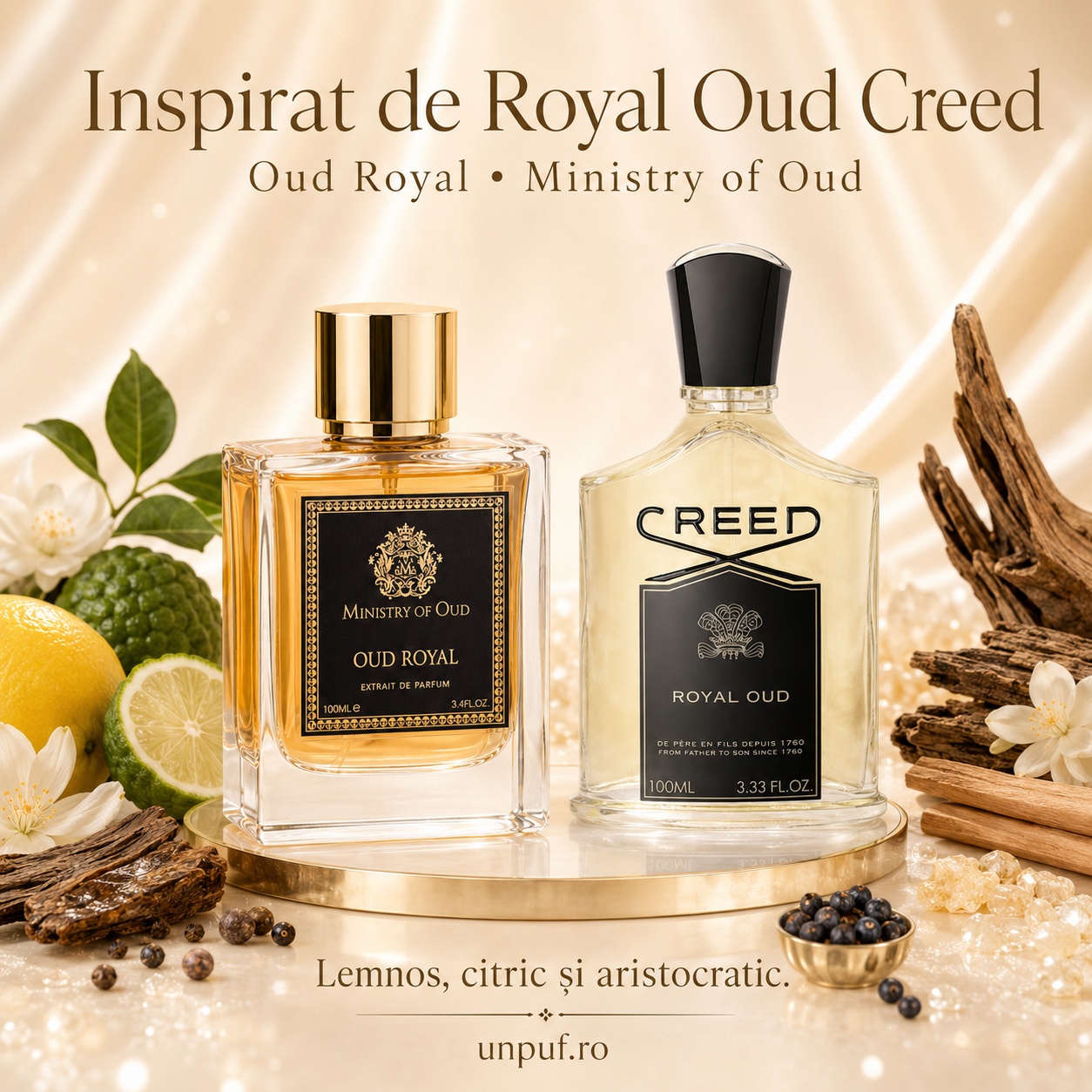 Oud Royal Ministry Of Oud inspirat de Royal Oud Creed, parfum lemnos, citric și aristocratic