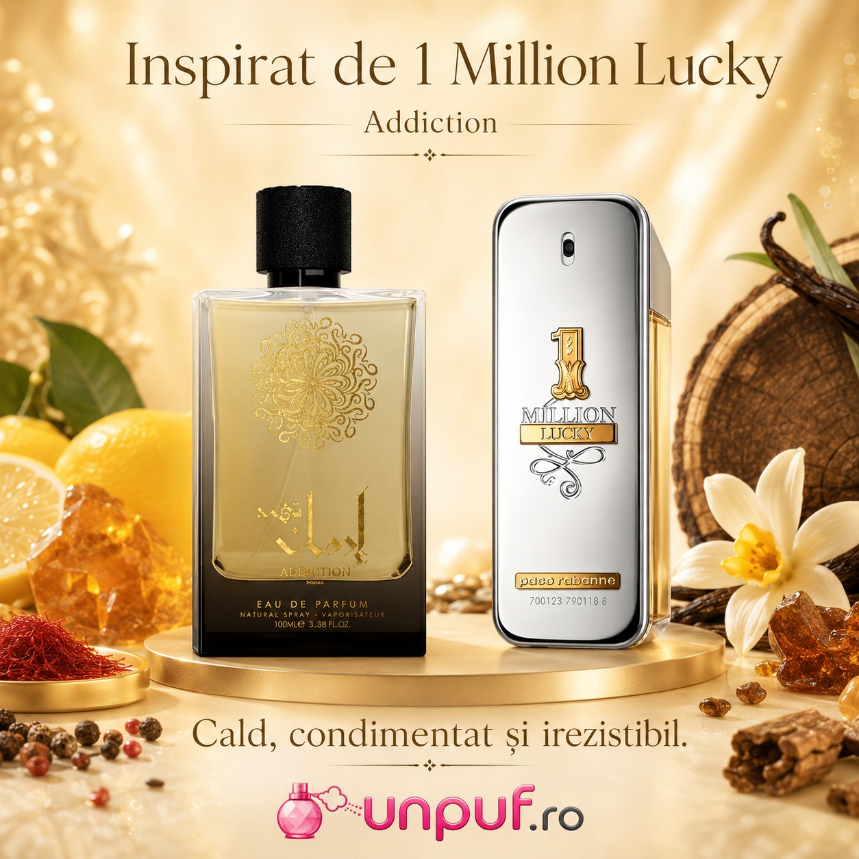 Ozareej Addiction Gold inspirat de 1 Million Lucky, parfum cald, condimentat și irezistibil
