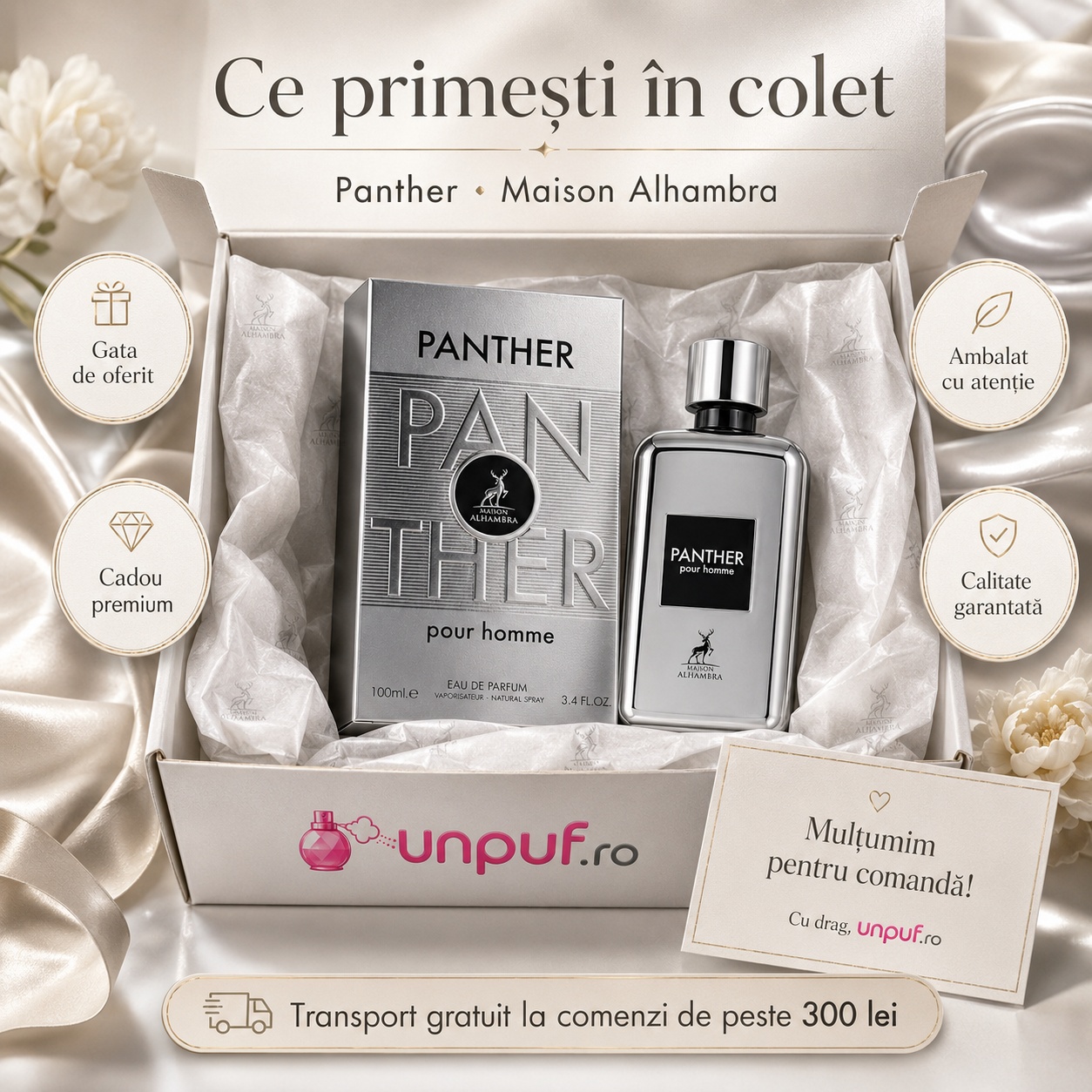 Ce primești &icirc;n colet Panther Pour Homme Maison Alhambra parfum arabesc de bărbați ambalat cu atenție de unpuf.ro