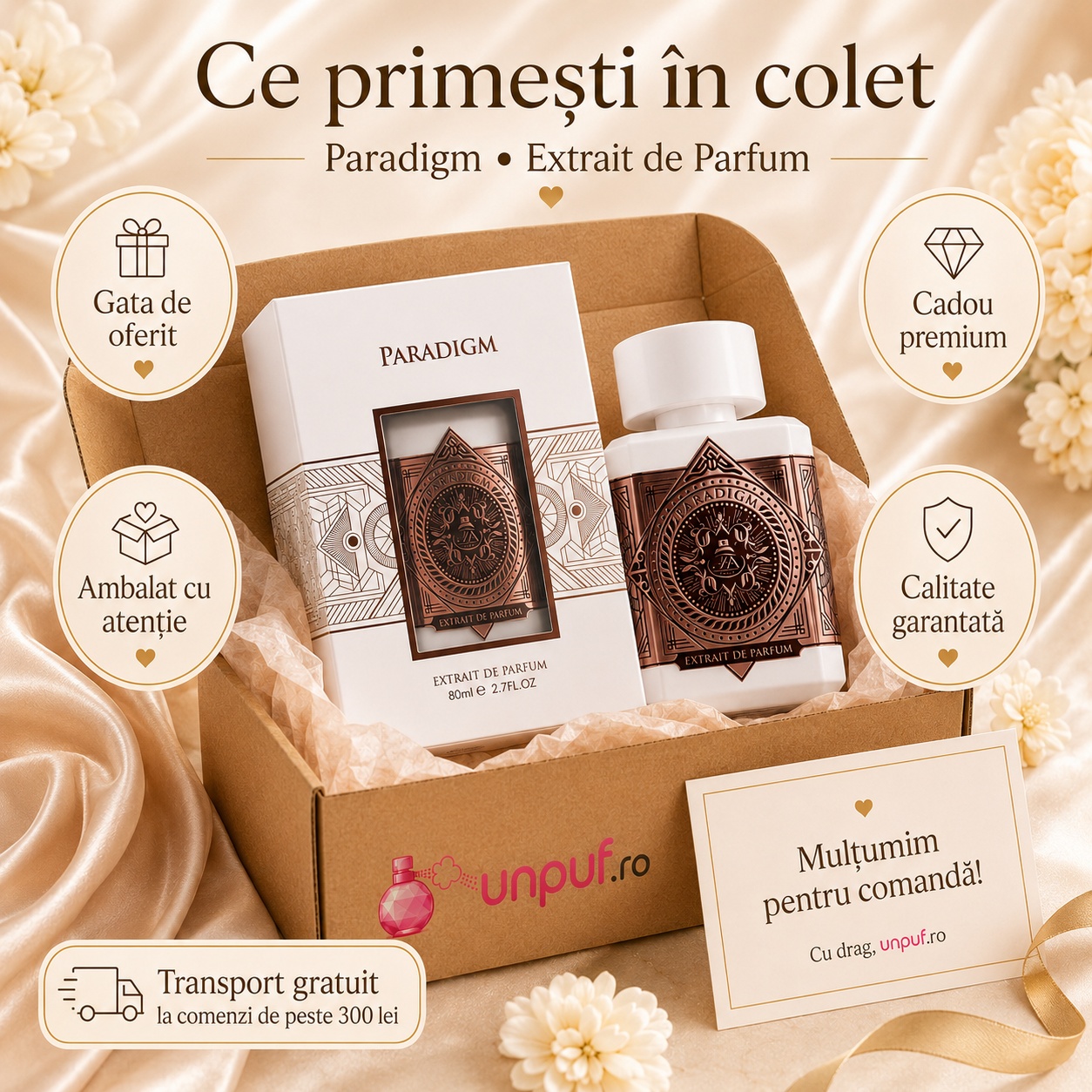 Ce primești &icirc;n colet Paradigm French Avenue parfum arabesc unisex ambalat cu atenție de unpuf.ro
