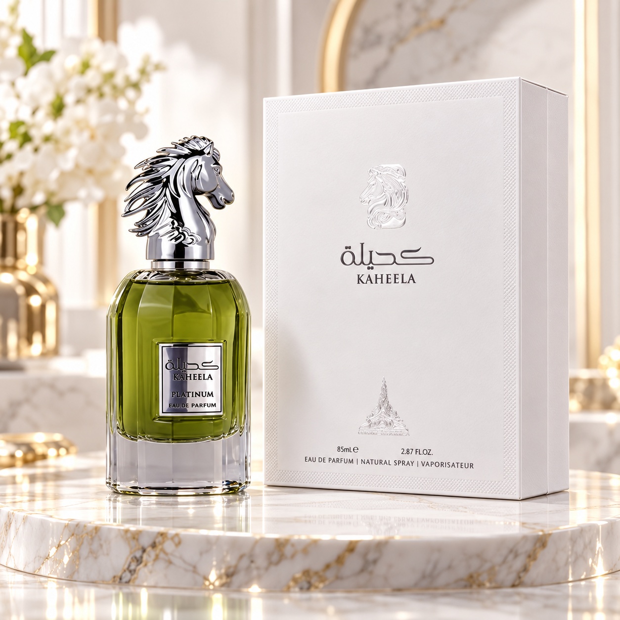 Paris Corner Kaheela Platinum Eau de Parfum 85 ml parfum bărbătesc cu flacon verde și cutie albă premium