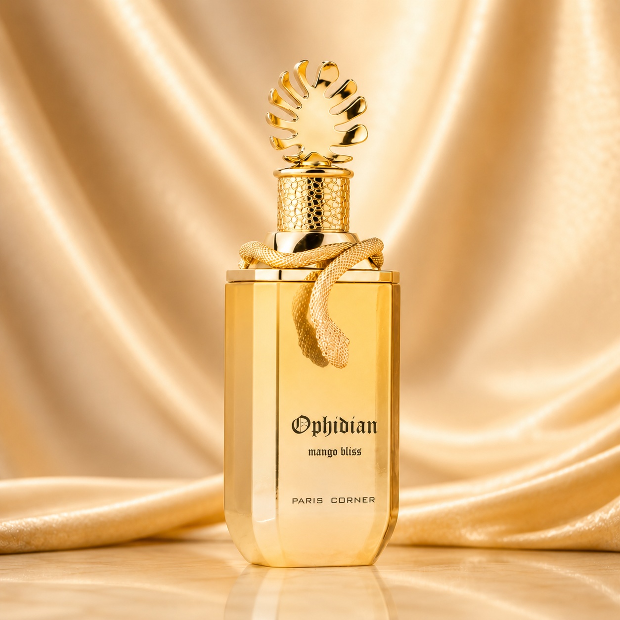 Sticlă parfum Ophidian Mango Bliss Paris Corner 100 ml design auriu cu detaliu șarpe și capac artistic