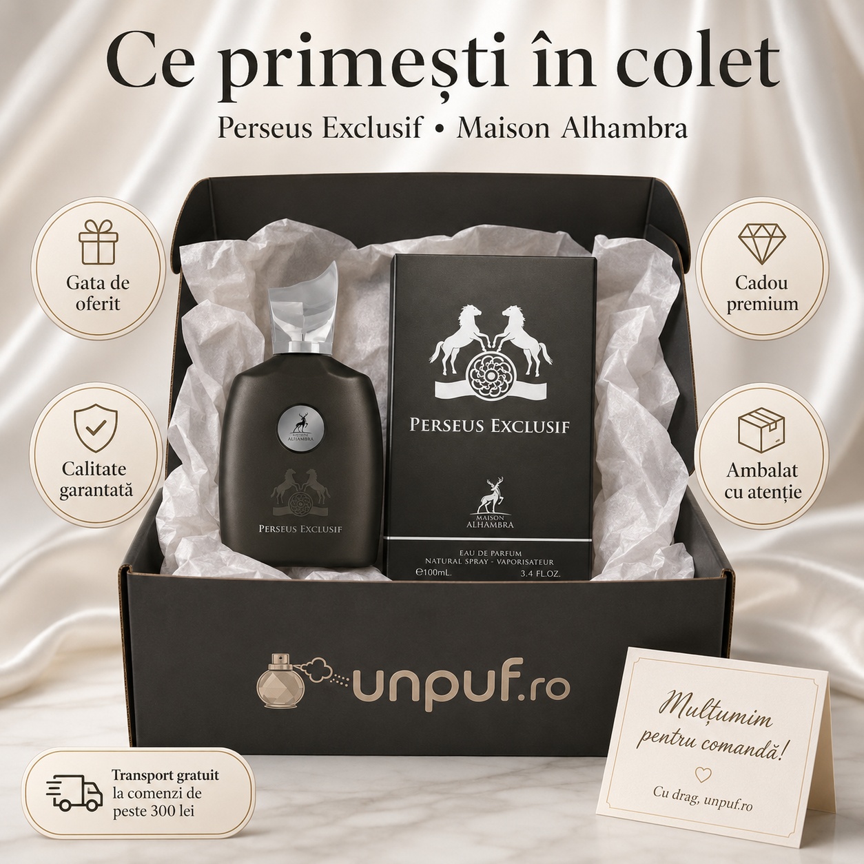 Ce primești &icirc;n colet Perseus Exclusif Maison Alhambra parfum arabesc de bărbați ambalat cu atenție de unpuf.ro