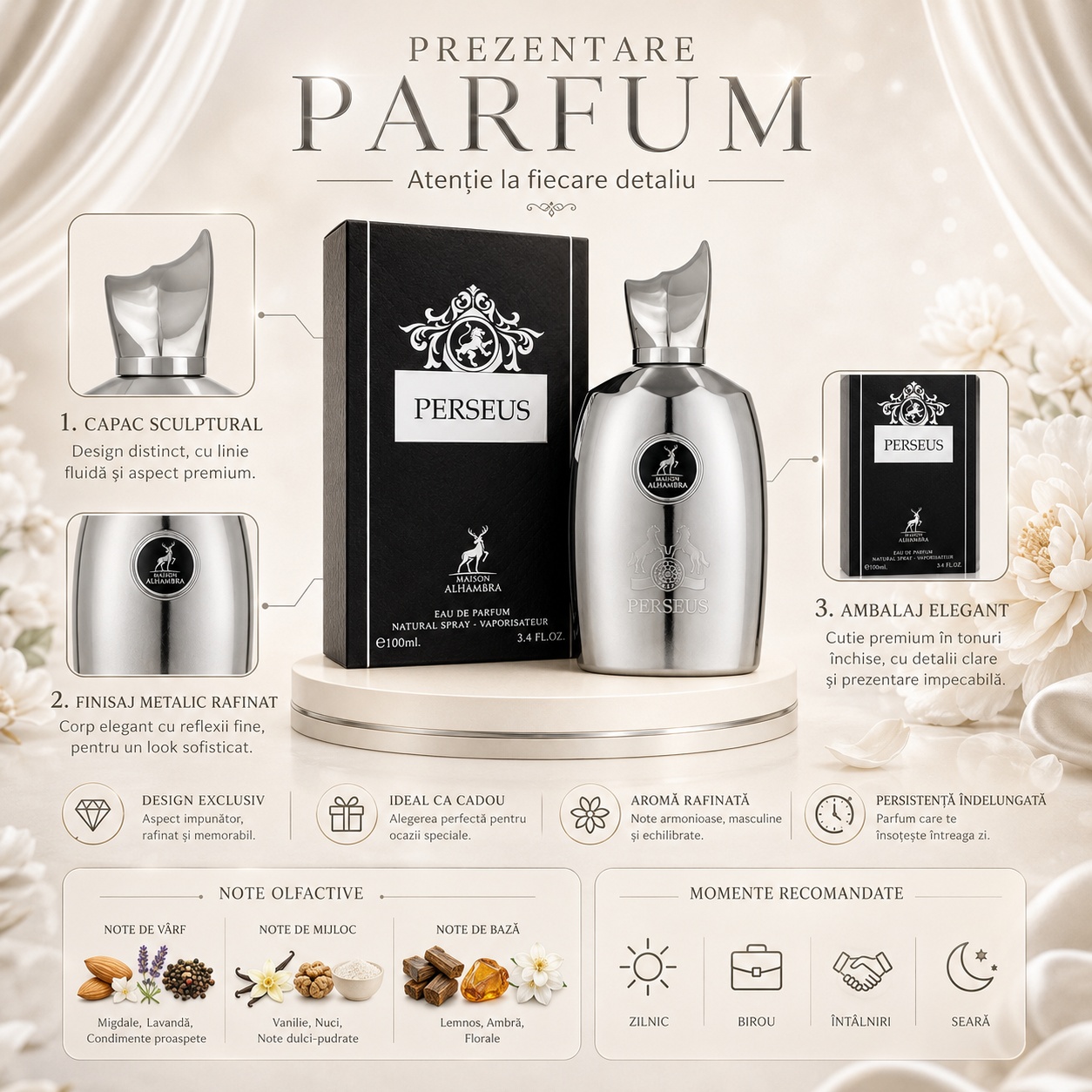 Prezentare parfum Perseus Maison Alhambra cu capac sculptural, finisaj metalic rafinat, ambalaj elegant, note olfactive și momente recomandate