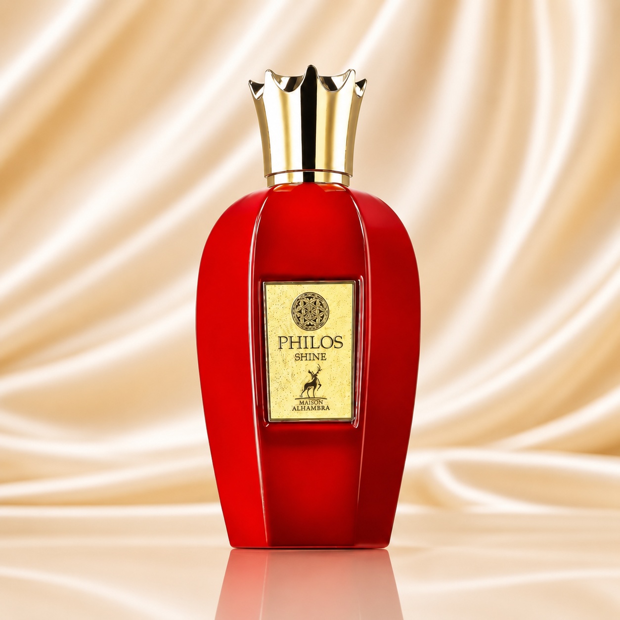 Sticlă parfum Philos Shine Maison Alhambra 100 ml roșu rubiniu cu etichetă aurie și capac regal