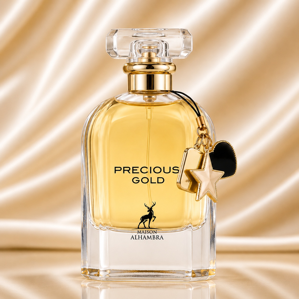 Sticlă parfum Precious Gold Maison Alhambra 80 ml cu lichid auriu, capac transparent și charm decorativ elegant