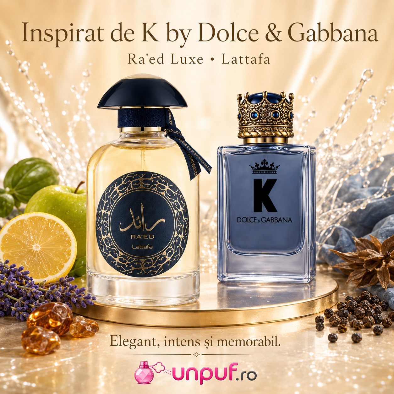 Ra&rsquo;Ed Luxe Gold Lattafa inspirat de K Dolce and Gabbana parfum lemnos aromatic elegant și masculin