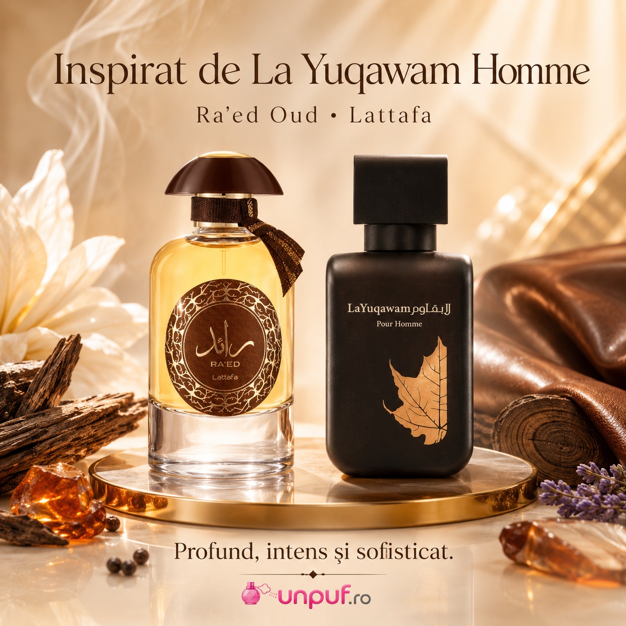 Ra'Ed Oud Lattafa inspirat de La Yuqawam Homme parfum profund intens și sofisticat