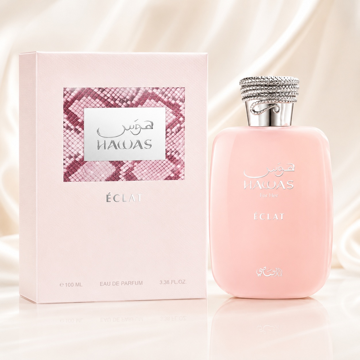 Parfum Rasasi Hawas Eclat 100 ml pentru damă, sticlă roz pudrat și cutie elegantă premium