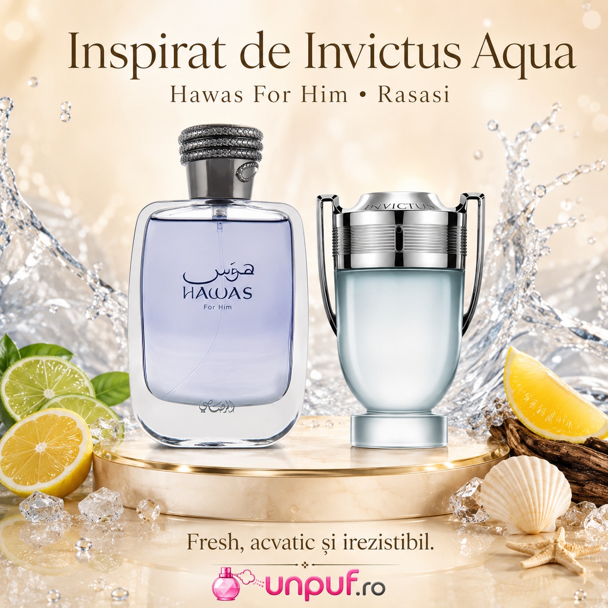 Rasasi Hawas For Him inspirat de Invictus Aqua, parfum fresh, acvatic și masculin