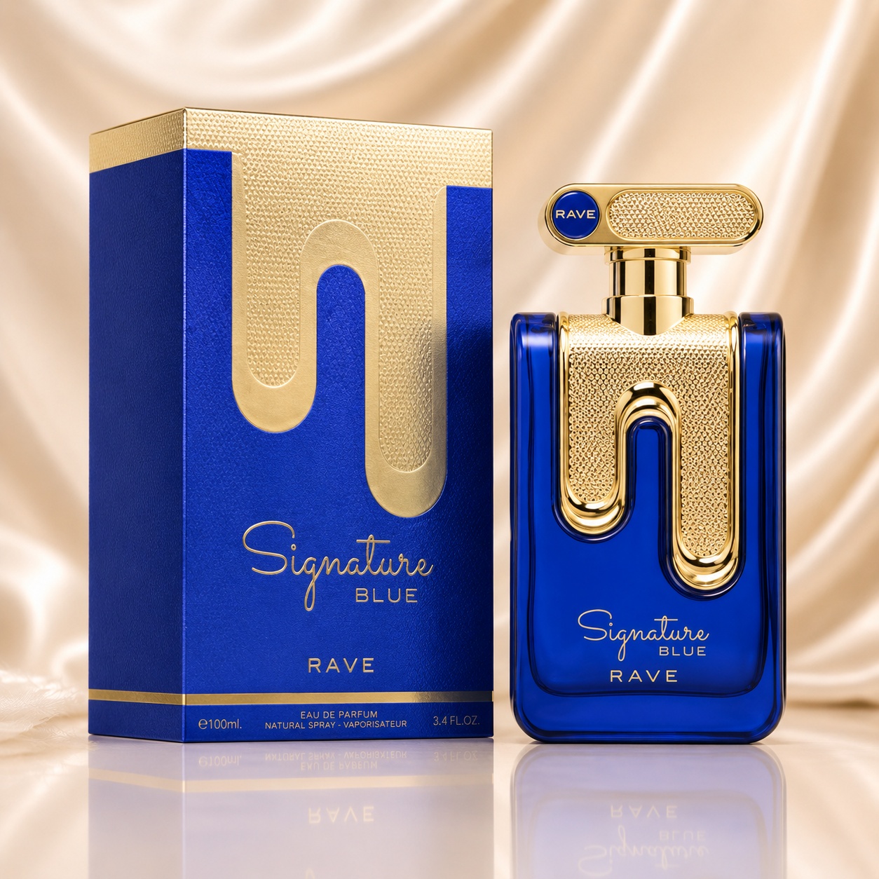 Parfum Rave Signature Blue 100 ml pentru bărbat, sticlă albastră și cutie premium aurie