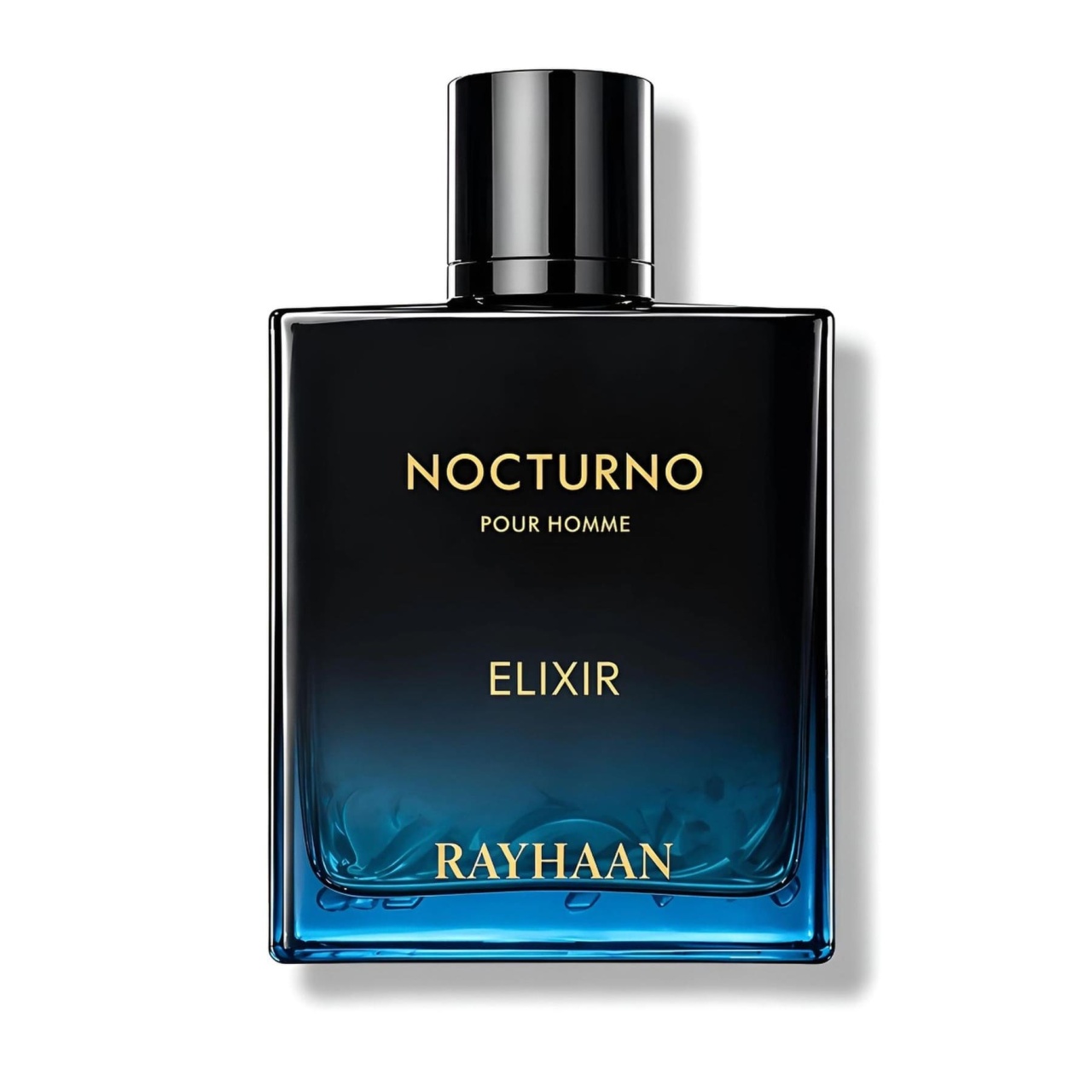 Sticlă parfum Rayhaan Nocturno Men 100 ml negru albastru cu inscripții aurii și design masculin premium