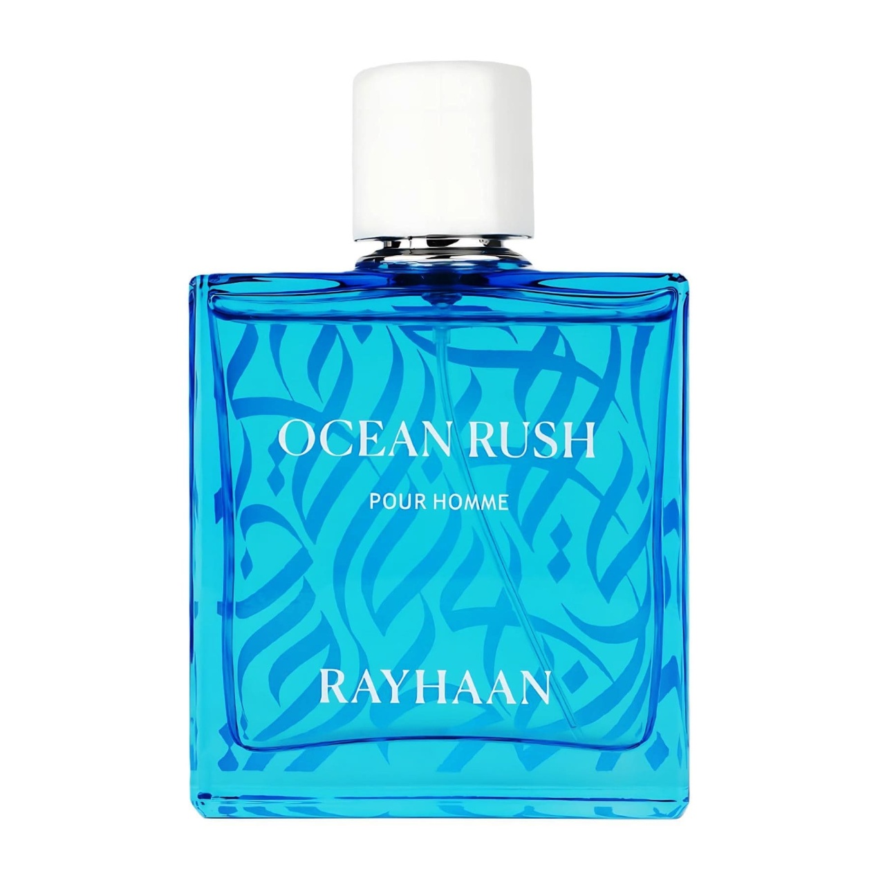 Flacon Rayhaan Ocean Rush Men 100 ml albastru acvatic cu capac alb pe fundal alb
