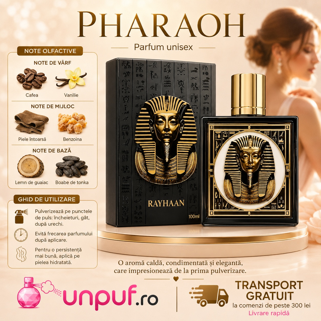 Rayhaan Pharaoh note olfactive și ghid de utilizare cu cafea, vanilie, piele întoarsă, benzoină, lemn de guaiac și boabe tonka