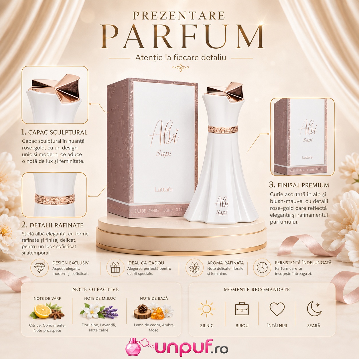 Prezentare parfum Sapil Albi cu detalii despre flacon, note olfactive și momente recomandate