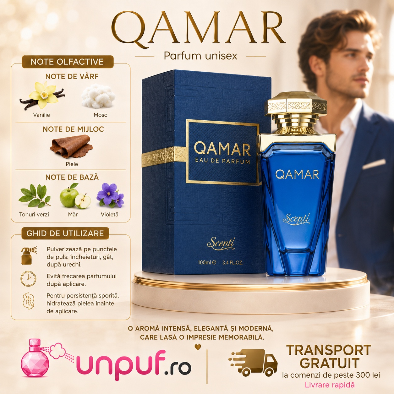 Profil olfactiv Sapil Qamar cu vanilie, mosc, piele, tonuri verzi, măr și violetă