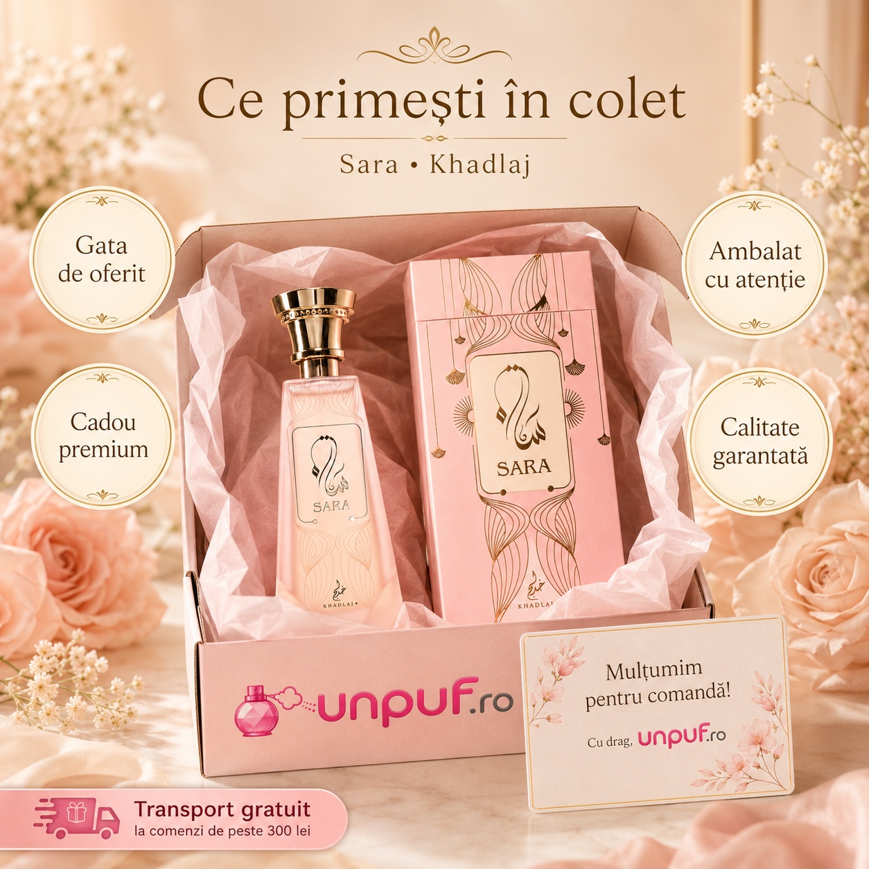 Ce primești în colet Sara Khadlaj, parfum original ambalat cu atenție și cadou premium