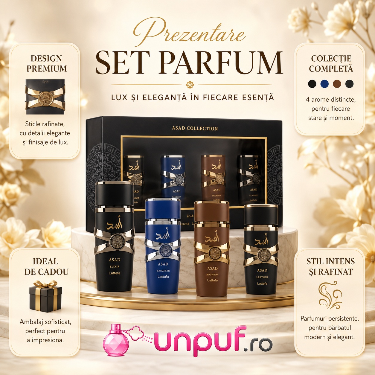 Prezentare Set Parfum Lattafa Asad 4 x 25 ml, colecție completă cu design premium
