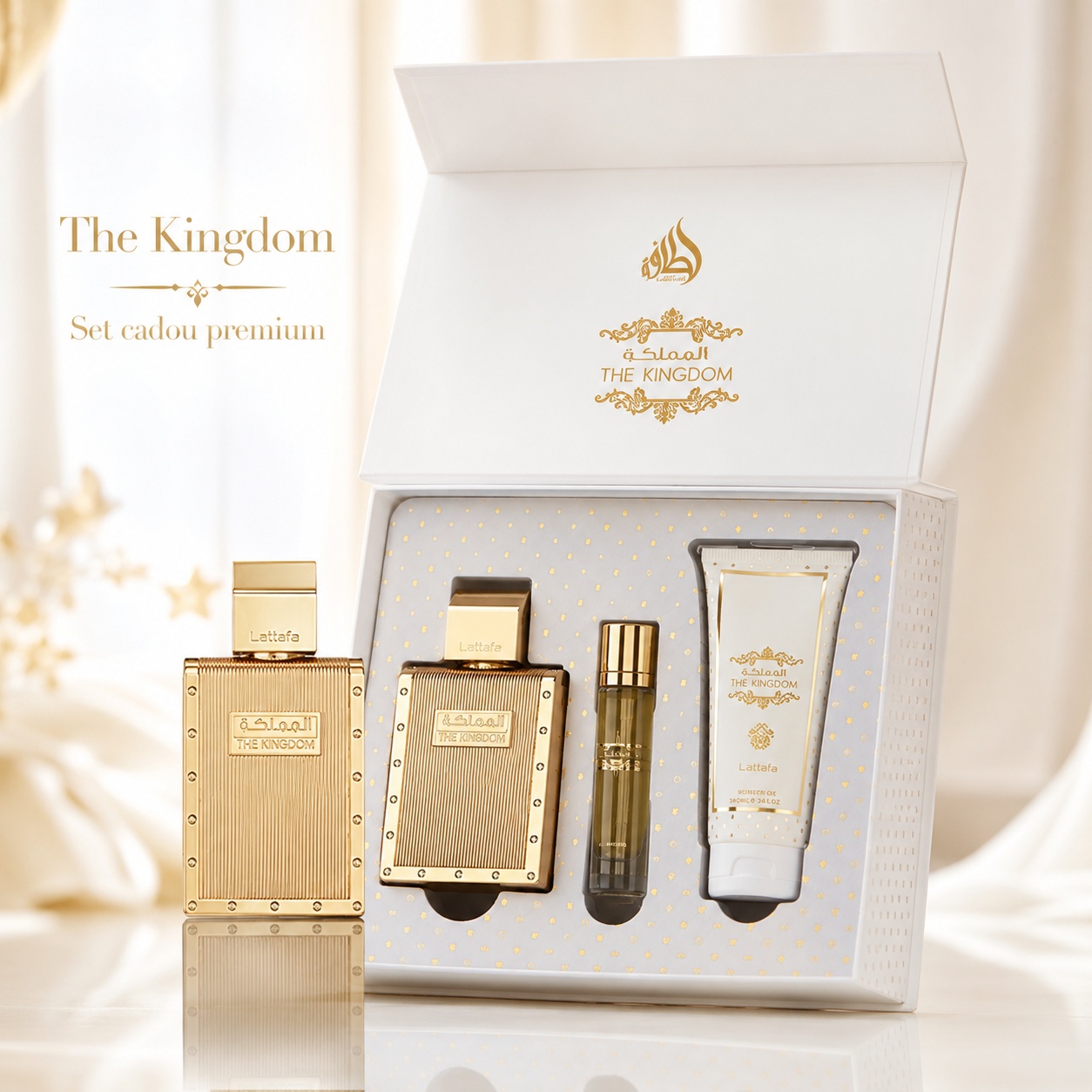 Lattafa Kingdom For Man set cadou elegant pentru bărbați, prezentare premium alb auriu
