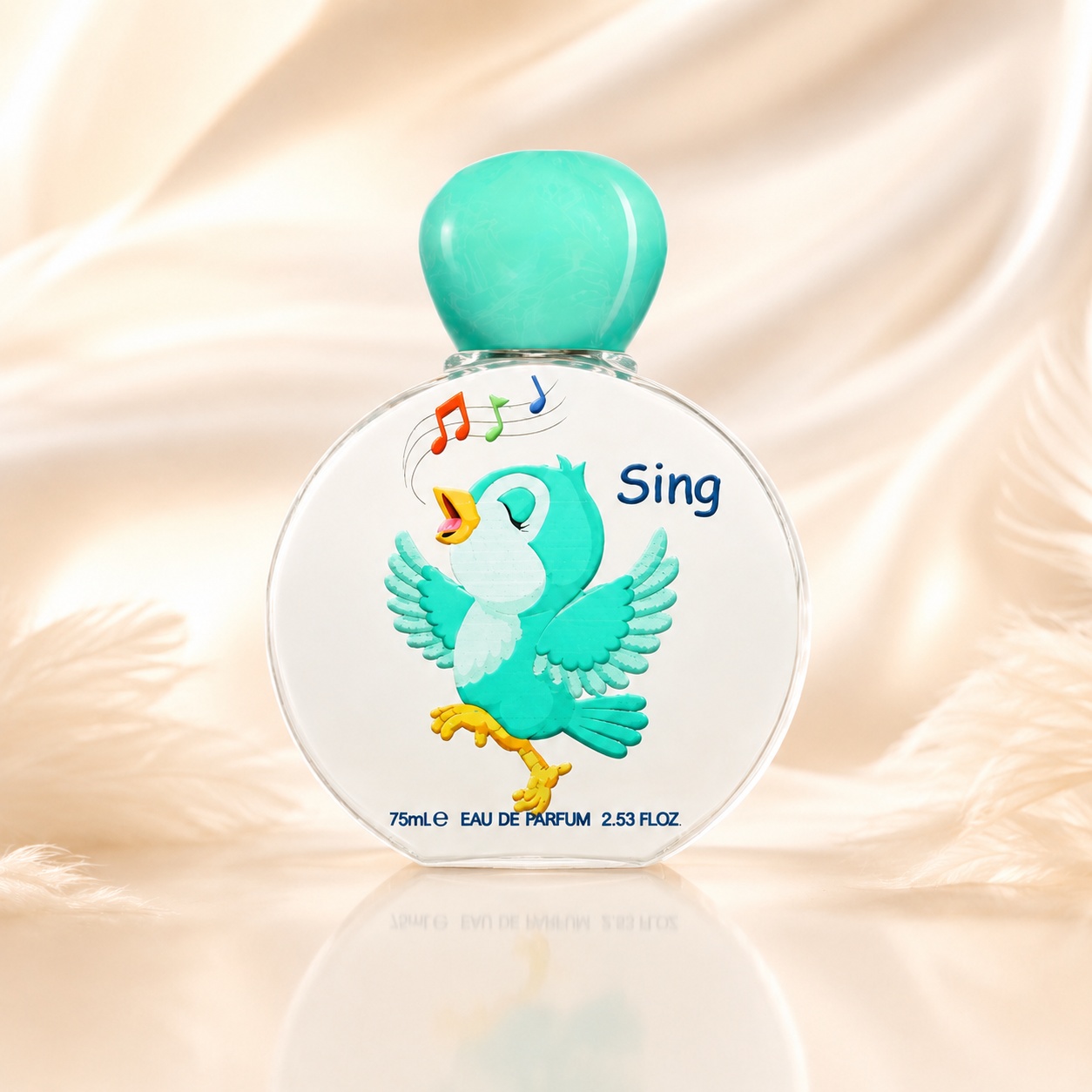 Flacon Sing Lattafa Pride 75 ml parfum unisex cu pasăre turcoaz, note muzicale și capac rotunjit